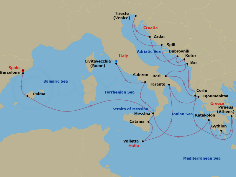 20 Night - Ode On a Grecian Journey - Oceania Allura - Starting in Rome (Civitavecchia), Salerno, Catania (Sicily), Valletta, Taranto, Igoumenitsa, Bari, Kotor, Dubrovnik, Croatia, Zadar, Trieste, Split, Montenegro, Corfu, Gythion, Athens (Piraeus), Katakolon, Messina (Sicily), Palma De Mallorca, Barcelona itinerary map