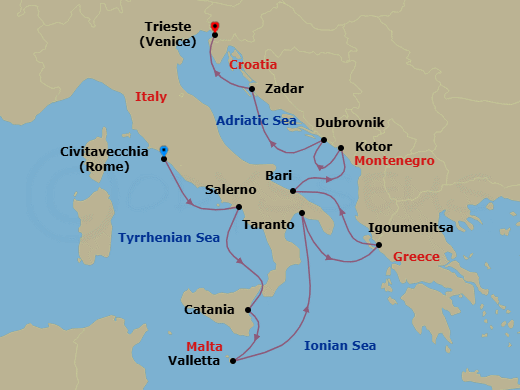 10 Night - Mountains & Mystery - Oceania Allura - Starting in Rome (Civitavecchia), Salerno, Catania (Sicily), Valletta, Taranto, Igoumenitsa, Bari, Kotor, Dubrovnik, Croatia, Zadar, Trieste itinerary map