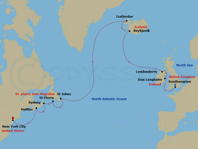 16 Night - Nautical Nights in the North - Oceania Sirena - Starting in London (Southampton), Dublin (Dun Laoghaire), Londonderry, Reykjavik, Isafjordur, St Johns, Saint-Pierre, Sydney CA, Halifax, New York itinerary map