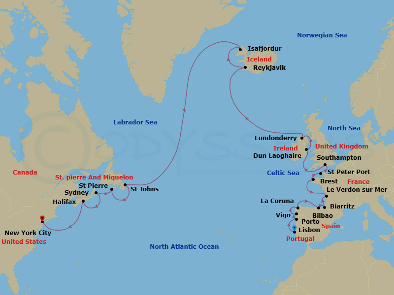 25 Night - Big Apple Bound - Oceania Sirena - Starting in Lisbon, Oporto, Santiago De Compostela (Vigo), La Coruna, Bilbao, Biarritz (Saint-Jean-De-Luz), Bordeaux (Le Verdon), Brest, St Peter Port, Guernsey, London (Southampton), Dublin (Dun Laoghaire), Londonderry, Reykjavik, Isafjordur, St Johns NF, Saint-Pierre, Sydney CA, Halifax, New York itinerary map