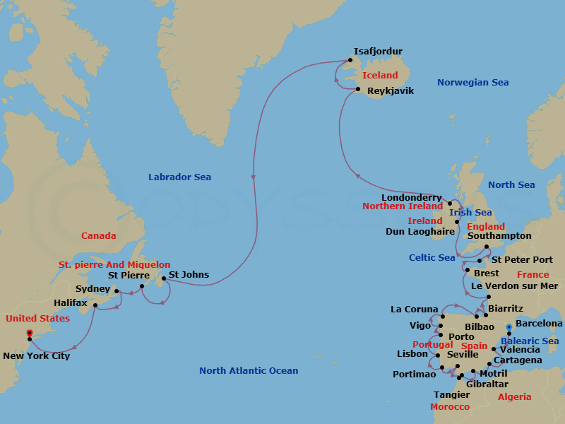 34 Night - Cultural Crossing - Oceania Sirena - Starting in Barcelona, Valencia, Cartagena ES, Granada (Motril), Tangier, Gibraltar, Seville, Portimao, Lisbon, Oporto, Santiago De Compostela (Vigo), La Coruna, Bilbao, Biarritz (Saint-Jean-De-Luz), Bordeaux (Le Verdon), Brest, St Peter Port, Guernsey, London (Southampton), Dublin (Dun Laoghaire), Londonderry, Reykjavik, Isafjordur, St Johns NF, Saint-Pierre, Sydney CA, Halifax, New York itinerary map