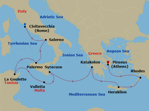 9 Night - Greek & Italian Isles - Oceania Allura - Starting in Rome (Civitavecchia), Salerno, Palermo (Sicily), Tunis (La Goulette), Valletta, Syracuse IT (Sicily), Katakolon, Heraklion (Crete), Rhodes, Athens (Piraeus) itinerary map