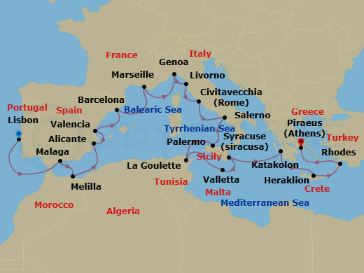 19 Night - Marvels of the Mediterranean - Oceania Allura - Starting in Lisbon, Malaga, Melilla, Alicante, Valencia, Barcelona, Provence (Marseille), Genoa, Florence / Pisa / Tuscany (Livorno), Rome (Civitavecchia), Salerno, Palermo (Sicily), Tunis (La Goulette), Valletta, Syracuse IT (Sicily), Katakolon, Heraklion (Crete), Rhodes, Athens (Piraeus) itinerary map