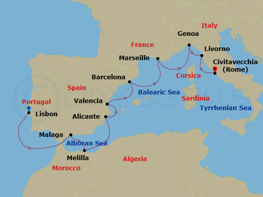 10 Night - Balearic Bliss - Oceania Allura - Starting in Lisbon, Malaga, Melilla, Alicante, Valencia, Barcelona, Provence (Marseille), Genoa, Florence / Pisa / Tuscany (Livorno), Rome (Civitavecchia) itinerary map