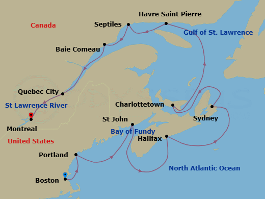 11 Night - Northeastern Charm in Fall - Oceania Vista - Starting in Boston, Portland ME, Saint John NB (Bay of Fundy), Halifax, Sydney CA, Charlottetown, Havre, Saint Pierre, Sept-Iles, Baie-Comeau, Quebec City, Montreal itinerary map