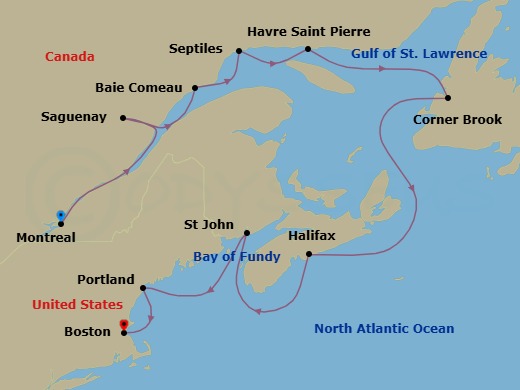 11 Night - Mounties, Maple & Mass - Oceania Vista - Starting in Montreal, Saguenay, Baie-Comeau, Sept-Iles, Havre, Saint Pierre, Corner Brook, Halifax, Saint John NB (Bay of Fundy), Portland ME, Boston itinerary map