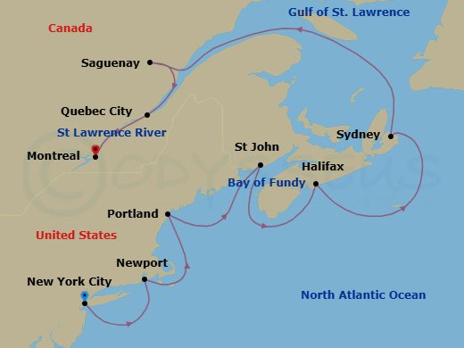 11 Night - Atlantic Adventure - Oceania Vista - Starting in New York, Newport, Portland ME, Saint John NB (Bay of Fundy), Halifax, Sydney CA, Saguenay, Quebec City, Montreal itinerary map
