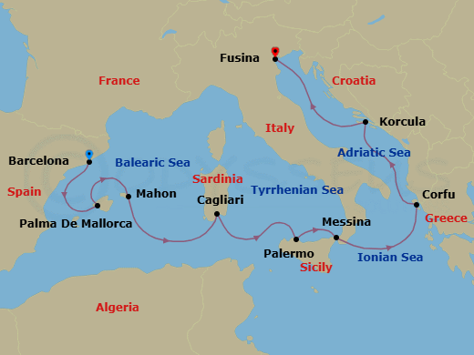 9 Night - Italian Interlude - Oceania Sirena - Starting in Barcelona, Palma De Mallorca, Mahon (Menorca), Cagliari (Sardinia), Palermo (Sicily), Messina (Sicily), Corfu, Korcula, Venice (Fusina) itinerary map
