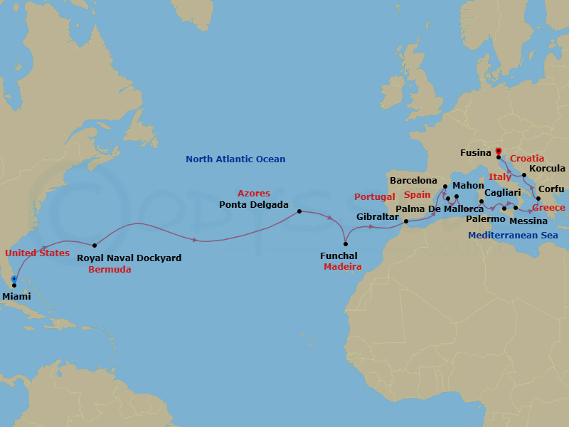 23 Night - Springtime in Europe - Oceania Sirena - Starting in Miami, Royal Naval Dockyard, Ponta Delgada (Azores), Funchal (Madeira), Gibraltar, Barcelona, Palma De Mallorca, Mahon (Menorca), Cagliari (Sardinia), Palermo (Sicily), Messina (Sicily), Corfu, Korcula, Venice (Fusina) itinerary map