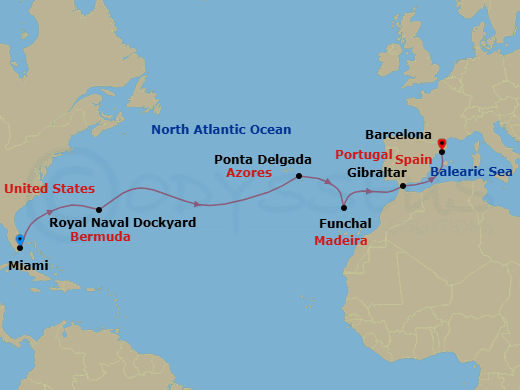 14 Night - South Beach to Sant Sebasti - Oceania Sirena - Starting in Miami, Royal Naval Dockyard, Ponta Delgada (Azores), Funchal (Madeira), Gibraltar, Barcelona itinerary map