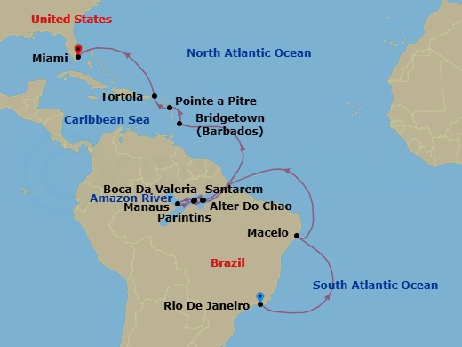 21 Night - Amazonian Exploration - Oceania Sirena - Starting in Rio De Janeiro, Maceio, Cruising the Amazon River, Santarem (Amazon River), Boca Da Valeria (Amazon River), Manaus (Amazon River), Parintins (Amazon River), Alter Do Chao (Amazon River), Bridgetown, Pointe-a-Pitre, Tortola, Miami itinerary map