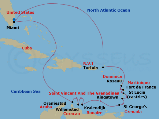 14 Night - Festive Caribbean Frolic - Oceania Sirena - Starting in Miami, Oranjestad, Willemstad AN, Kralendijk, St Georges, Kingstown, Castries, Fort-de-France, Roseau, Tortola, Miami itinerary map