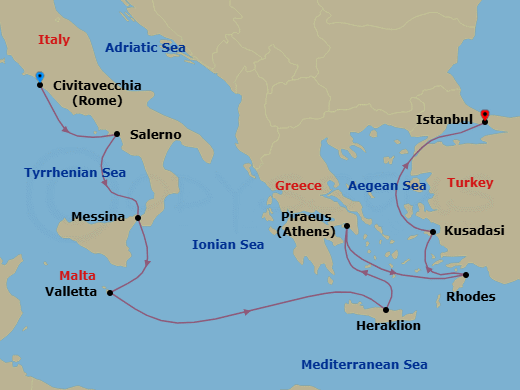 10 Night - Ancient Civilizations - Oceania Allura - Starting in Rome (Civitavecchia), Salerno, Messina (Sicily), Valletta, Heraklion (Crete), Athens (Piraeus), Rhodes, Ephesus (Kusadasi), Istanbul itinerary map