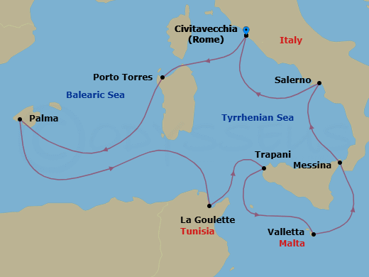 9 Night - Iconic Art & Architecture - Oceania Allura - Starting in Rome (Civitavecchia), Porto Torres (Sardinia), Palma De Mallorca, Tunis (La Goulette), Trapani (Sicily), Valletta, Messina (Sicily), Salerno, Rome (Civitavecchia) itinerary map