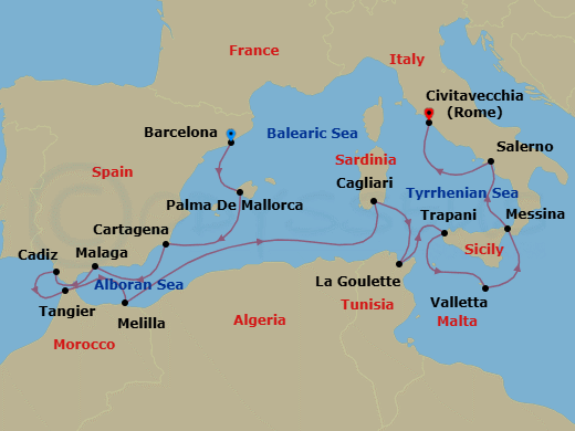 14 Night - Maritime Memories in the Med - Oceania Allura - Starting in Barcelona, Palma De Mallorca, Cartagena ES, Malaga, Seville (Cadiz), Tangier, Melilla, Cagliari (Sardinia), Tunis (La Goulette), Trapani (Sicily), Valletta, Messina (Sicily), Salerno, Rome (Civitavecchia) itinerary map