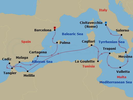 14 Night - Maritime Memories in the Med - Oceania Allura - Starting in Rome (Civitavecchia), Salerno, Messina (Sicily), Valletta, Trapani (Sicily), Tunis (La Goulette), Cagliari (Sardinia), Melilla, Tangier, Seville (Cadiz), Malaga, Cartagena ES, Palma De Mallorca, Barcelona itinerary map