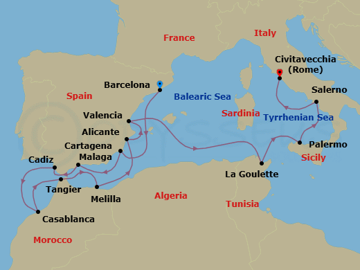 14 Night - A Holiday to Remember - Oceania Allura - Starting in Barcelona, Cartagena ES, Malaga, Seville (Cadiz), Casablanca, Tangier, Melilla, Alicante, Valencia, Tunis (La Goulette), Palermo (Sicily), Salerno, Rome (Civitavecchia) itinerary map