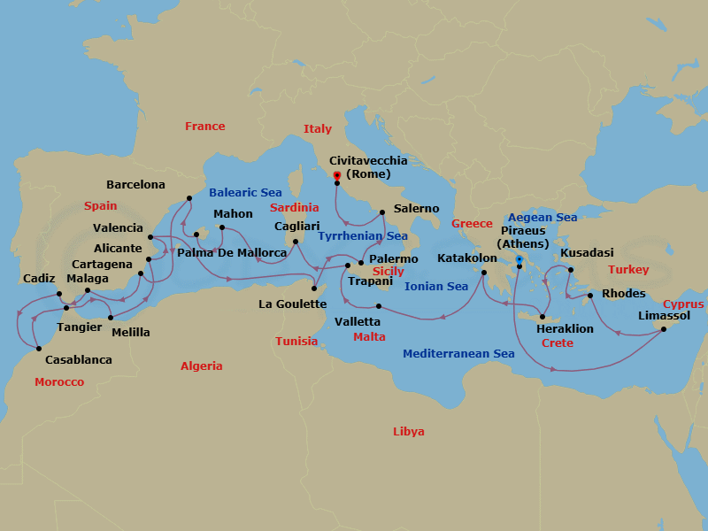 26 Night - Heavenly Holidays - Oceania Allura - Starting in Athens (Piraeus), Limassol, Rhodes, Ephesus (Kusadasi), Heraklion (Crete), Katakolon, Valletta, Trapani (Sicily), Cagliari (Sardinia), Mahon (Menorca), Palma De Mallorca, Barcelona, Cartagena ES, Malaga, Seville (Cadiz), Casablanca, Tangier, Melilla, Alicante, Valencia, Tunis (La Goulette), Palermo (Sicily), Salerno, Rome (Civitavecchia) itinerary map