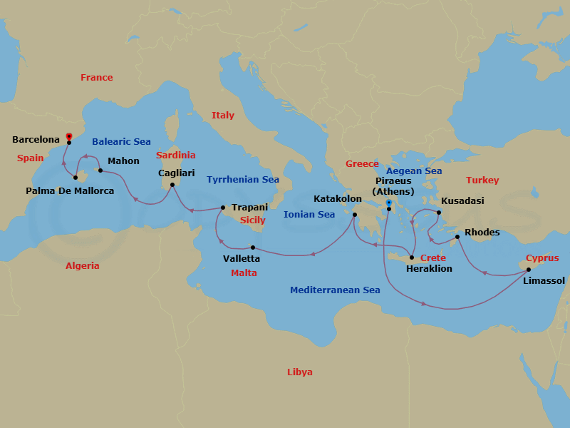 12 Night - Warm Winter Wonderland - Oceania Allura - Starting in Athens (Piraeus), Limassol, Rhodes, Ephesus (Kusadasi), Heraklion (Crete), Katakolon, Valletta, Trapani (Sicily), Cagliari (Sardinia), Mahon (Menorca), Palma De Mallorca, Barcelona itinerary map