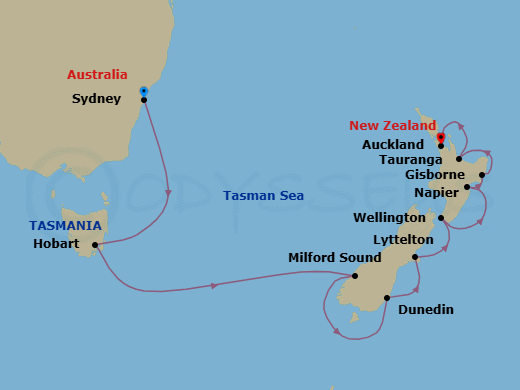 12 Night - A Kiwi Holiday - Oceania Vista - Starting in Sydney AU, Hobart (Tasmania), Cruising the Fjords of Milford Sound, Dunedin, Christchurch (Lyttelton), Wellington, Napier, Gisborne, Rotorua (Tauranga), Auckland itinerary map