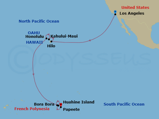 17 Night - Pacific Island Escape - Oceania Vista - Starting in Los Angeles, Hilo, Kahului, Honolulu, Bora Bora, Huahine, Papeete (Tahiti) itinerary map