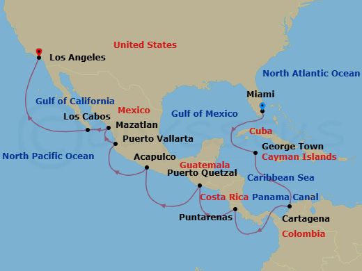 18 Night - Transamerican Treasures - Oceania Vista - Starting in Miami, George Town, Cartagena CO, Panama Canal Daylight Transit, Puntarenas, Puerto Quetzal, Acapulco, Puerto Vallarta, Mazatlan, Cabo San Lucas, Los Angeles itinerary map