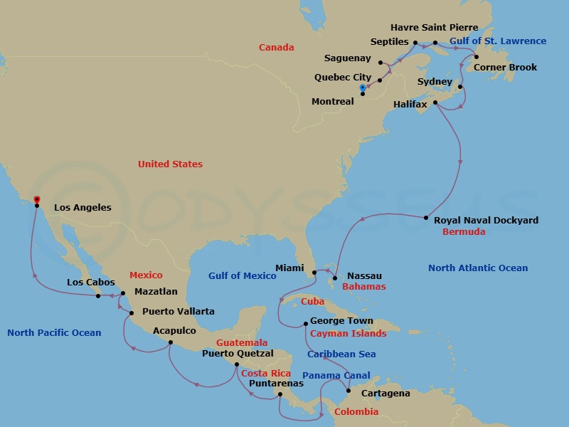 32 Night - Around the Americas - Oceania Vista - Starting in Montreal, Quebec City, Saguenay, Sept-Iles, Havre, Saint Pierre, Corner Brook, Sydney CA, Halifax, Royal Naval Dockyard, Nassau, Miami, George Town, Cartagena CO, Panama Canal Daylight Transit, Puntarenas, Puerto Quetzal, Acapulco, Puerto Vallarta, Mazatlan, Cabo San Lucas, Los Angeles itinerary map
