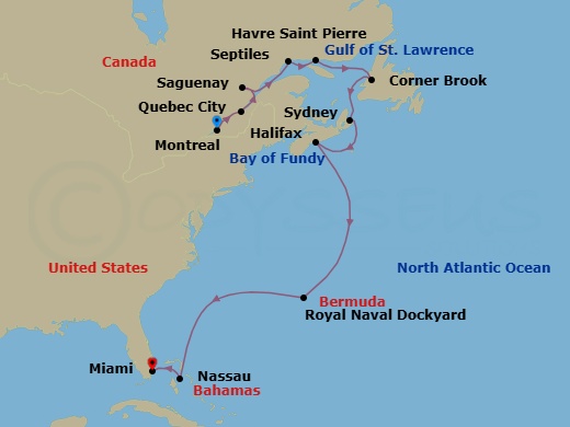 14 Night - Northern Light, Southern Sun - Oceania Vista - Starting in Montreal, Quebec City, Saguenay, Sept-Iles, Havre, Saint Pierre, Corner Brook, Sydney CA, Halifax, Royal Naval Dockyard, Nassau, Miami itinerary map
