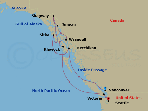 11 Night - Worlds of Wonder - Oceania Riviera - Starting in Vancouver, Cruising the Inside Passage, Ketchikan, Sitka, Cruising Holkham Bay Glacier Fjords, Skagway, Juneau, Wrangell, Klawock, Victoria CA, Seattle itinerary map