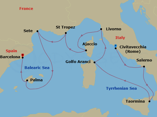 10 Night - Renaissance & Rivieras - Oceania Nautica - Starting in Rome (Civitavecchia), Salerno, Taormina (Sicily), Golfo Aranci, Florence / Pisa / Tuscany (Livorno), Ajaccio (Corsica), Saint-Tropez, Sete, Palma De Mallorca, Barcelona itinerary map