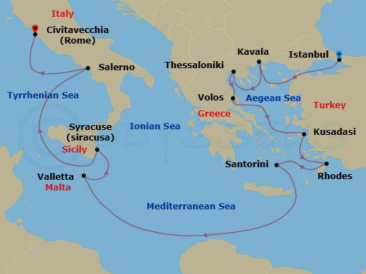11 Night - Tales of the Ancients - Oceania Nautica - Starting in Istanbul, Kavala / Philippi, Thessaloniki, Volos, Ephesus (Kusadasi), Rhodes, Santorini, Valletta, Syracuse IT (Sicily), Salerno, Rome (Civitavecchia) itinerary map