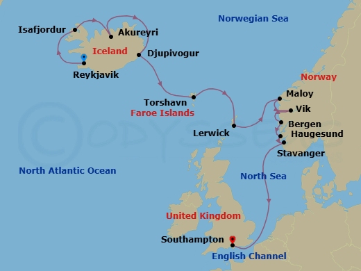 12 Night - Rugged to Rustic - Oceania Marina - Starting in Reykjavik, Isafjordur, Akureyri, Djupivogur, Torshavn, Faroe Islands, Lerwick (Shetland Islands), Maloy, Vik, Bergen, Haugesund, Stavanger, London (Southampton) itinerary map