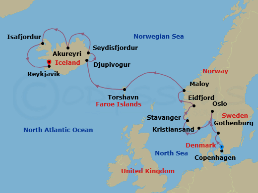 13 Night - Glacial Adventure - Oceania Marina - Starting in Copenhagen, Gothenburg, Oslo, Kristiansand, Stavanger, Eidfjord, Maloy, Torshavn, Faroe Islands, Djupivogur, Seydisfjordur, Akureyri, Isafjordur, Reykjavik itinerary map