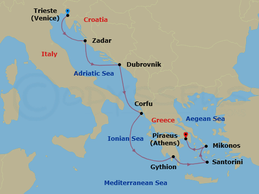 7 Night - Marvelous Mediterranean - Oceania Allura - Starting in Trieste, Zadar, Dubrovnik, Croatia, Corfu, Gythion, Santorini, Mykonos, Athens (Piraeus) itinerary map
