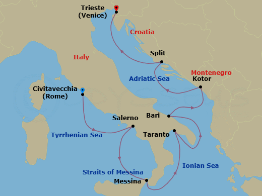 7 Night - Viva Italia - Oceania Allura - Starting in Rome (Civitavecchia), Salerno, Messina (Sicily), Taranto, Bari, Kotor, Split, Trieste itinerary map
