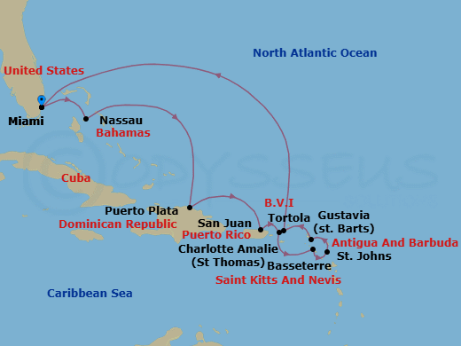 12 Night - Beach-Blessed Isles - Oceania Sirena - Starting in Miami, Nassau, Puerto Plata, Dominican Republic, San Juan, Charlotte Amalie, Basseterre, St Johns, Gustavia, Tortola, Miami itinerary map