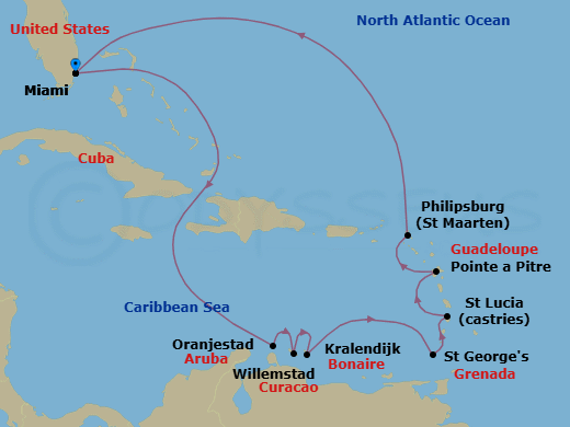 12 Night - Caribbean Carousel - Oceania Sirena - Starting in Miami, Oranjestad, Willemstad AN, Kralendijk, St Georges, Castries, Pointe-a-Pitre, Philipsburg, Miami itinerary map