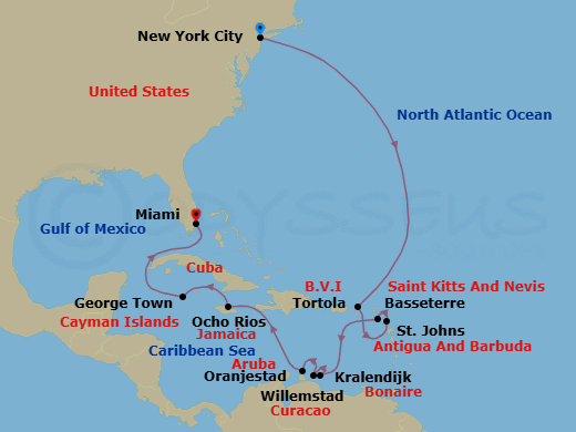 15 Night - Broadway to the Abc Islands - Oceania Sirena - Starting in New York, Tortola, St Johns, Basseterre, Kralendijk, Willemstad AN, Oranjestad, Ocho Rios, Jamaica, George Town, Miami itinerary map