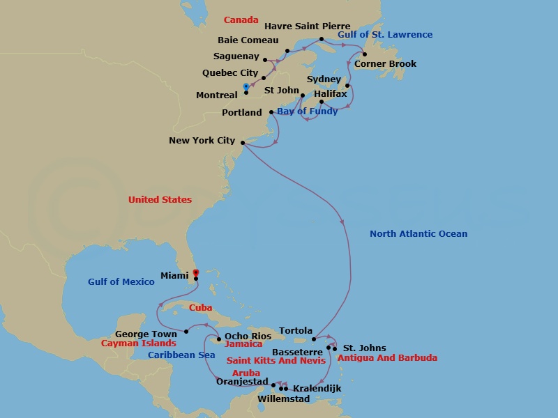 27 Night - East Coast Escapade - Oceania Sirena - Starting in Montreal, Quebec City, Saguenay, Baie-Comeau, Havre, Saint Pierre, Corner Brook, Sydney CA, Halifax, Saint John NB (Bay of Fundy), Portland ME, New York, Tortola, St Johns AG, Basseterre, Kralendijk, Willemstad AN, Oranjestad, Ocho Rios, Jamaica, George Town, Miami itinerary map