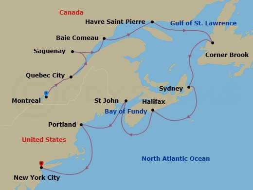 12 Night - Canada / New England from Montreal to New York City - Oceania Sirena - Starting in Montreal, Quebec City, Saguenay, Baie-Comeau, Havre, Saint Pierre, Corner Brook, Sydney CA, Halifax, Saint John NB (Bay of Fundy), Portland ME, New York itinerary map