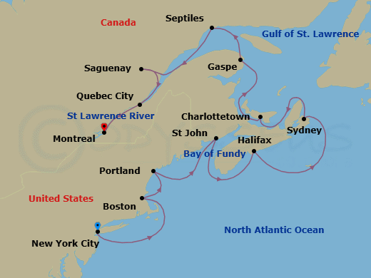 12 Night - Autumn On the East Coast - Oceania Sirena - Starting in New York, Boston, Portland ME, Saint John NB (Bay of Fundy), Halifax, Sydney CA, Charlottetown, Gaspe, Sept-Iles, Saguenay, Quebec City, Montreal itinerary map