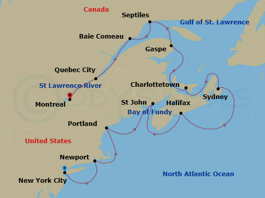 12 Night - North American Neighbors - Oceania Sirena - Starting in New York, Newport, Portland ME, Saint John NB (Bay of Fundy), Halifax, Sydney CA, Charlottetown, Gaspe, Sept-Iles, Baie-Comeau, Quebec City, Montreal itinerary map
