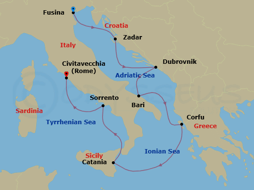 7 Night - Majestic Medieval Fortresses - Oceania Nautica - Starting in Venice (Fusina), Zadar, Dubrovnik, Croatia, Bari, Corfu, Catania (Sicily), Sorrento / Capri, Rome (Civitavecchia) itinerary map
