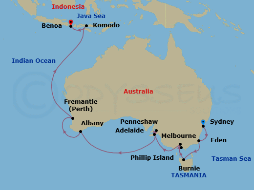 18 Night - The Wonderful Land of Oz - Oceania Vista - Starting in Sydney AU, Eden, Burnie (Tasmania), Phillip Island (Cowes), Melbourne, Penneshaw (Kangaroo Island), Adelaide, Albany AU, Perth (Fremantle), Komodo, Bali (Benoa) itinerary map