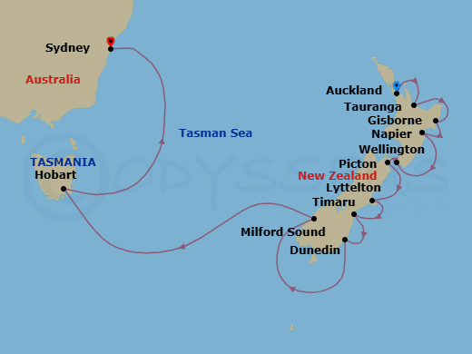 14 Night - Aussies & Zealanders - Oceania Vista - Starting in Auckland, Rotorua (Tauranga), Gisborne, Napier, Wellington, Picton, Christchurch (Lyttelton), Timaru, Dunedin, Cruising the Fjords of Milford Sound, Hobart (Tasmania), Sydney AU itinerary map