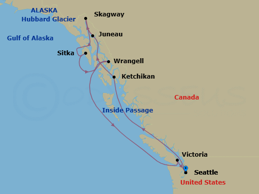 10 Night - Trails of Ice & Fire - Oceania Riviera - Starting in Seattle, Cruising the Inside Passage, Ketchikan, Juneau, Skagway, Cruising Hubbard Glacier, Sitka, Wrangell, Victoria CA, Seattle itinerary map