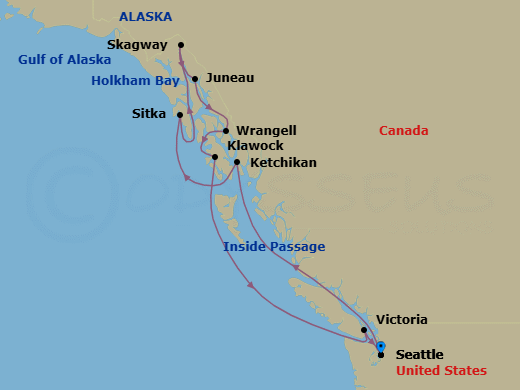 11 Night - Dramatic Alaska - Oceania Riviera - Starting in Seattle, Ketchikan, Sitka, Cruising Holkham Bay Glacier Fjords, Skagway, Juneau, Wrangell, Klawock, Victoria CA, Seattle itinerary map