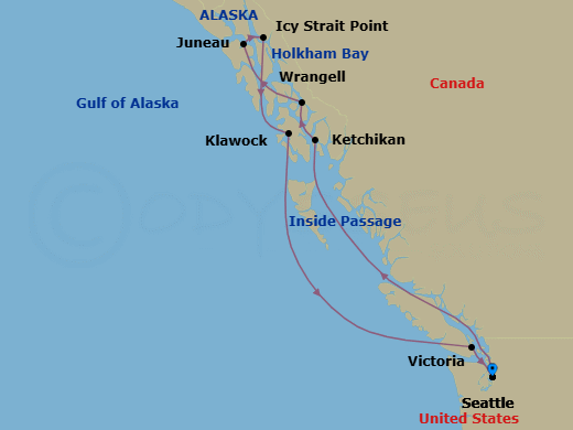 10 Night - Alaska Discoverer - Oceania Riviera - Starting in Seattle, Ketchikan, Wrangell, Icy Strait Point (Hoonah), Juneau, Cruising Holkham Bay Glacier Fjords, Klawock, Victoria CA, Seattle itinerary map