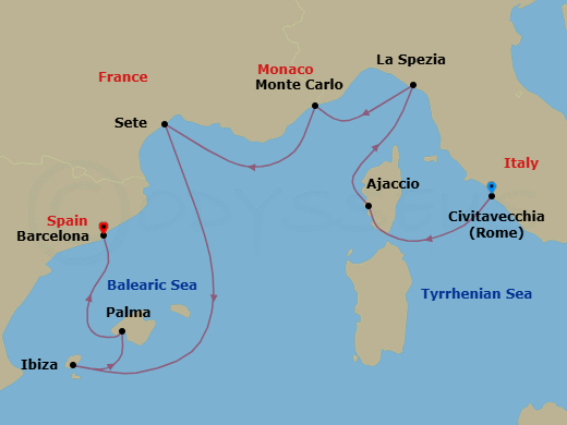 7 Night - Rome to Romance - Oceania Marina - Starting in Rome (Civitavecchia), Ajaccio (Corsica), Cinque Terre (La Spezia), Monte Carlo, Sete, Ibiza, Palma De Mallorca, Barcelona itinerary map