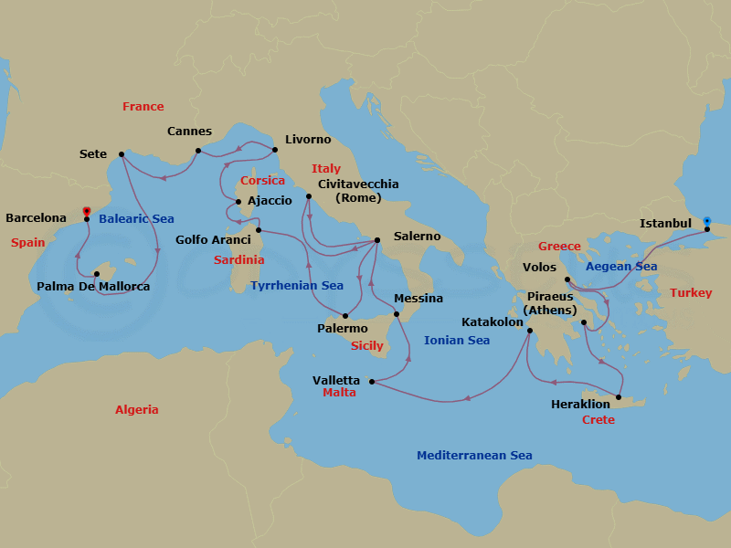 18 Night - Splendid Southern Seas - Oceania Allura - Starting in Istanbul, Volos, Athens (Piraeus), Heraklion (Crete), Katakolon, Valletta, Messina (Sicily), Salerno, Rome (Civitavecchia), Salerno, Palermo (Sicily), Golfo Aranci, Ajaccio (Corsica), Florence / Pisa / Tuscany (Livorno), Cannes, Sete, Palma De Mallorca, Barcelona itinerary map